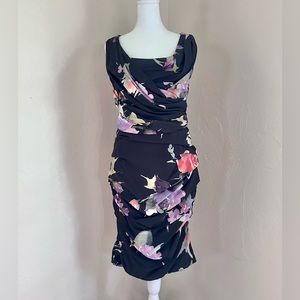 Dolce & Gabbana Stretch Silk Floral Ruched Dress Black & Purple Size 46 IT 10 US